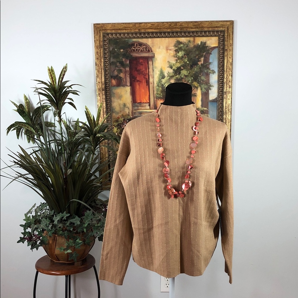 Tahari Women Size M Tan Cowl Neck Knit Sweater Boxy Dolman sleeve Comfy Preppy